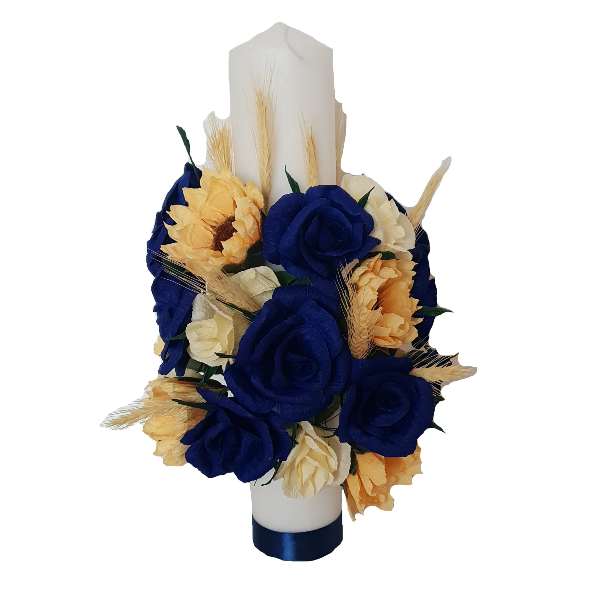 Lumanare de botez/nunta Handmade MInis Boutique, cu trandafiri bleumarin si galben, floarea soarelui si spice