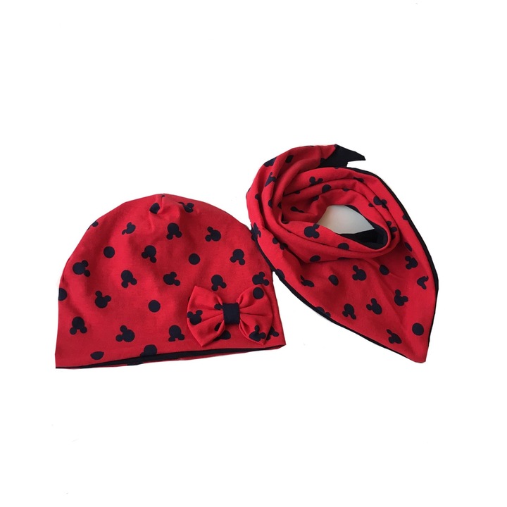 Set primavara caciula cu fundita si esarfa rosu cu minnie 9-12 luni