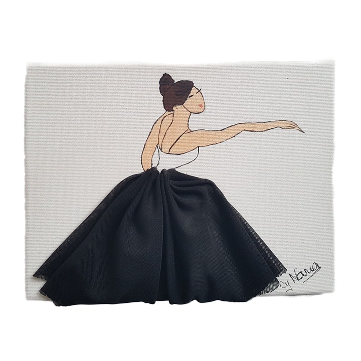 Tablou 3D, decor camera copil, Printesa balerina cu fusta de tulle neagra, 24x18 cm
