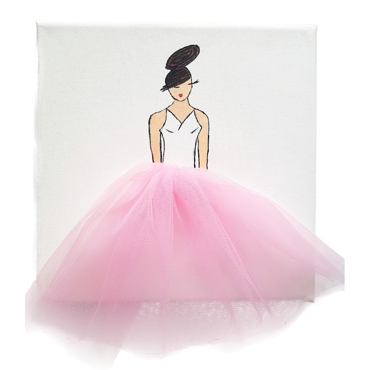 Tablou 3D, model printesa balerina cu fusta de tulle roz fondant, 25x25 cm