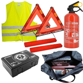 Kit siguranta complet omolgat R.A.R, Vesta reflectorizanta, Stingator auto, 2x Triunghi, Trusa mediacala auto, Valabil 5 ani, Geanta pentru transport Kit siguranta complet omolgat R.A.R, Vesta reflectorizanta, Stingator auto, 2x Triunghi, Trusa mediacala auto, Valabil 5 ani, Geanta pentru transport