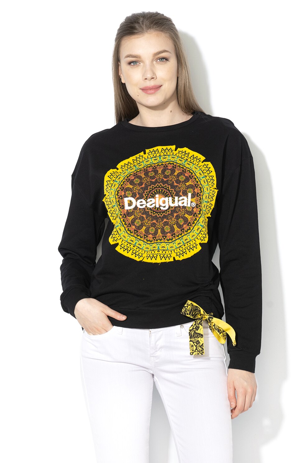DESIGUAL, Bluza sport cu imprimeu si detaliu cu funda Greve, Negru/Galben