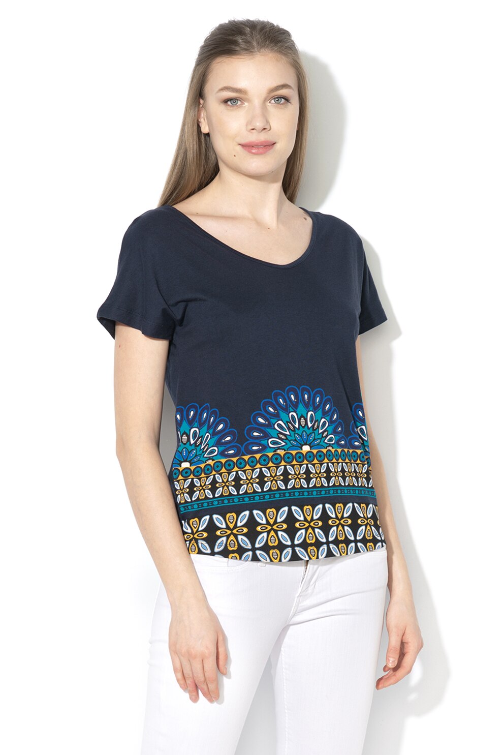 DESIGUAL, Tricou din amestec de modal cu strasuri Uma, Albastru petrol, M