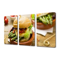 set tablouri multicanvas 3 piese premium art factory truecolor culinar multicolor burger sanatos cu sparanghel piept de pui salata si rosii panza pe cadru de lemn decoratiuni moderne pentru casa 60 x 30 cm imagen 18_0_
0