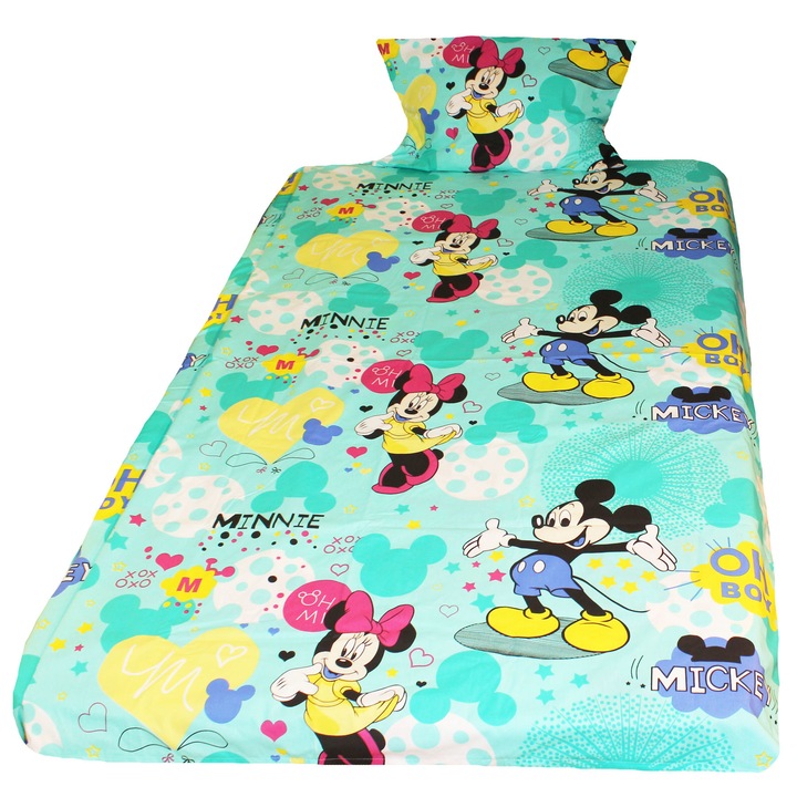 Lenjerie de pat 3 piese, Minnie si Mickey, turcoaz, 160 x 200 cm