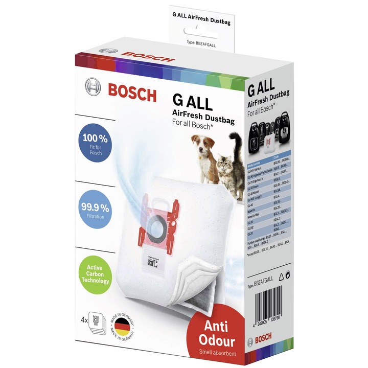 Bosch BBZAFGALL Porszívó zsák, Bosch porszívókhoz, Anti-Odour, 4 db