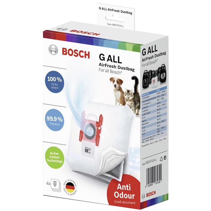 Bosch BBZAFGALL Porszívó zsák, Bosch porszívókhoz, Anti-Odour, 4 db