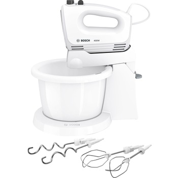 Mixer cu bol Bosch MFQ2600X, 400 W ,4 trepte de viteza+turbo, 2 spirale, 2 teluri, Alb/Gri Mixer cu bol Bosch MFQ2600X, 400 W ,4 trepte de viteza+turbo, 2 spirale, 2 teluri, Alb/Gri