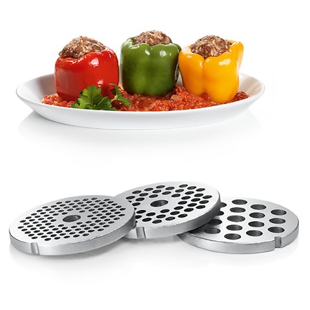 Masina de tocat carne Bosch MFW67450, 2000 W, 3.5 kg/min, Accesoriu suc rosii, 3 site, palnie carnati si kebbe, Negru/Gri