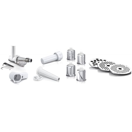 Masina de tocat carne Bosch MFW3X17B, 2000 W, 2.5 kg/min, Accesoriu suc rosii, 3site, palnie carnati, accesoriu radere/feliere, Alb/Negru