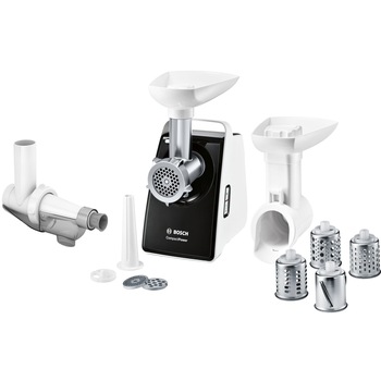 Masina de tocat carne Bosch MFW3X17B, 2000 W, 2.5 kg/min, Accesoriu suc rosii, 3site, palnie carnati, accesoriu radere/feliere, Alb/Negru Masina de tocat carne Bosch MFW3X17B, 2000 W, 2.5 kg/min, Accesoriu suc rosii, 3site, palnie carnati, accesoriu radere/feliere, Alb/Negru
