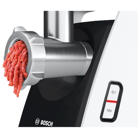 Masina de tocat carne Bosch MFW3X17B, 2000 W, 2.5 kg/min, Accesoriu suc rosii, 3site, palnie carnati, accesoriu radere/feliere, Alb/Negru