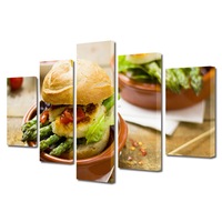 set tablouri multicanvas 5 piese premium art factory truecolor culinar multicolor burger sanatos cu sparanghel piept de pui salata si rosii panza pe cadru de lemn decoratiuni moderne pentru casa 100 x 175 cm imagen 51_0_
0