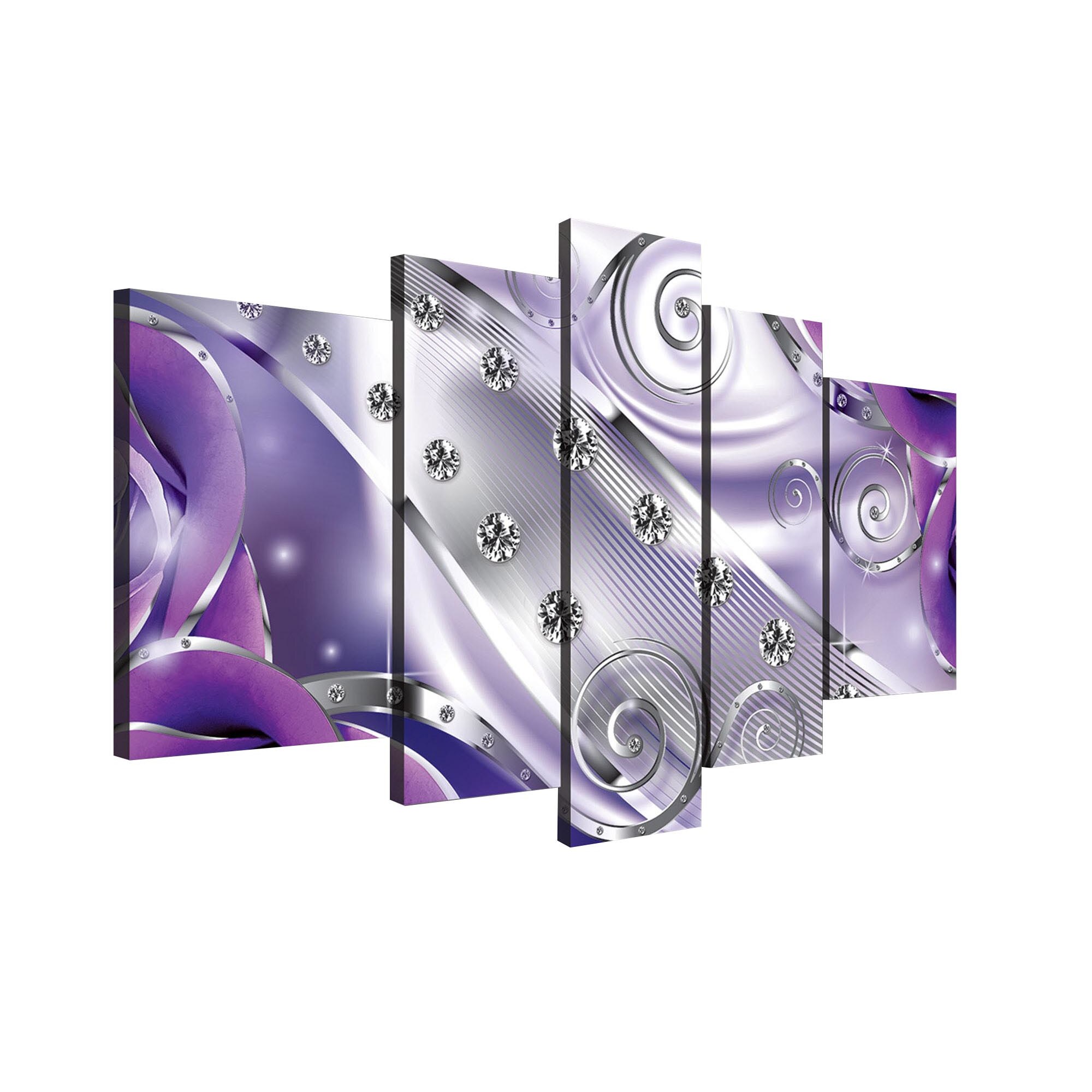 Set Tablouri DEGRETS 78352 Canvas, 100 x 170 cm, 5 piese (1x100x30 cm, 2x80x30 cm, 2x60x40 cm), Diamant floral mov 3D