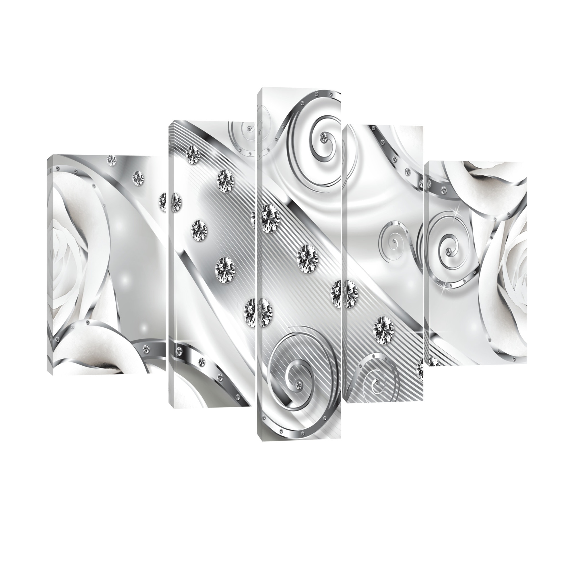 Set Tablouri DEGRETS 78354 Canvas, 100 x 170 cm, 5 piese (1x100x30 cm, 2x80x30 cm, 2x60x40 cm), Diamant floral alb 3D