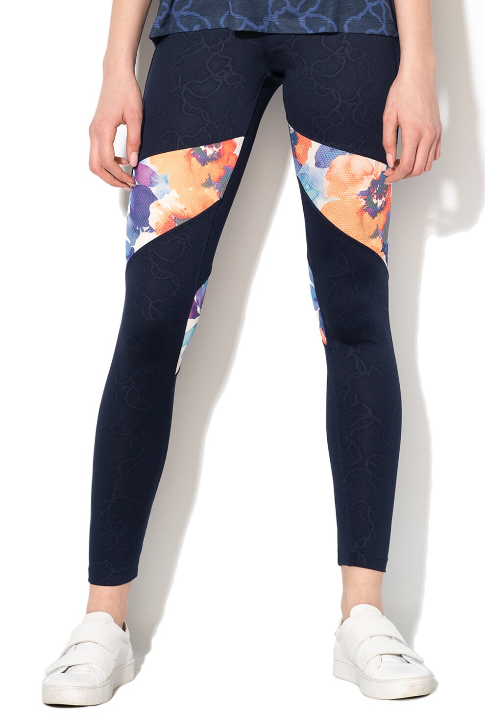 DESIGUAL, Colanti cu model floral, pentru fitness, Bleumarin/Oranj/Alb, L