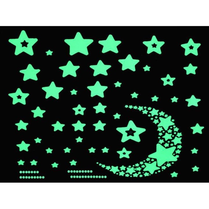 Fluoreszkáló fal matricák csillagok és félhold formájában, 52 darab