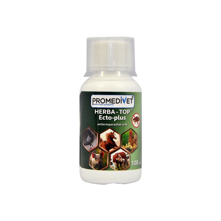 HERBA-TOP ECTO-PLUS concentrat natural, utilizat in apa de baut, care contine extracte de plante medicinale care au proprietati in infestatii cu pureci si paduchi la toate speciile de animale, reducand stresul colectiv la pasari