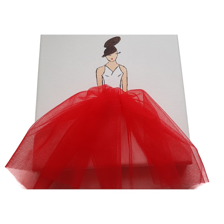 Tablou 3D, cu printesa balerina cu fusta de tulle rosie, 25x25 cm