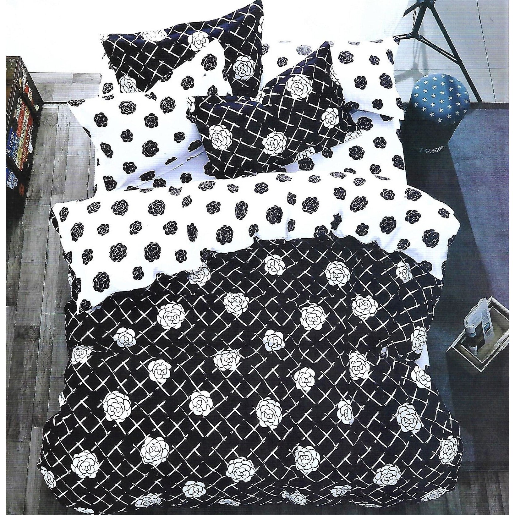 Lenjerie de pat ,Casa, pentru 2 persoane , bumbac, 6 piese, negru/alb