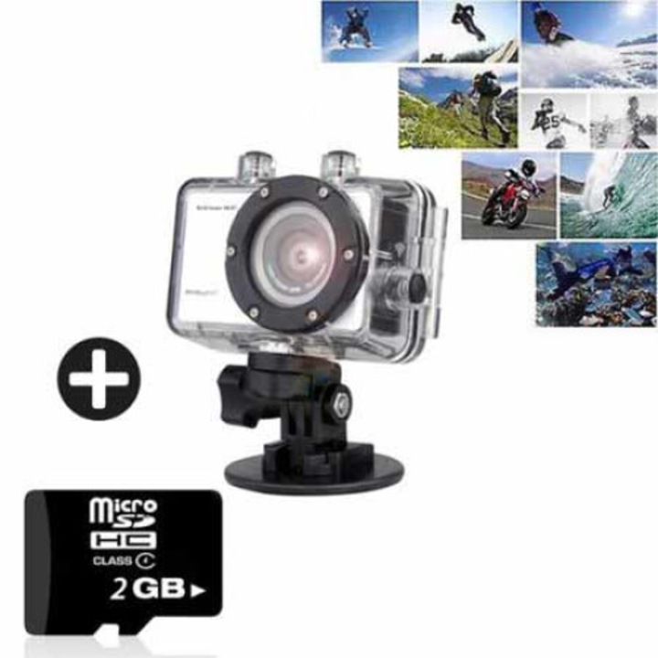 Комплект Водоустойчива камера + SD Card 2 GB KINGSTON , Action Camcorder, 720p, Черно/Сива