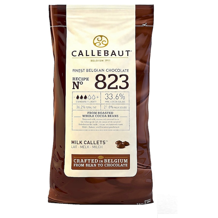 Barry Callebaut ciocolata cu lapte fina belgiana specialitate premium 823 fulgi dropsuri de ciocolata cu lapte 33.6% cacao, banuti ciocolata callebaut 1 kg