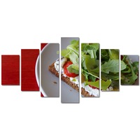 Set Tablouri Multicanvas 7 piese Premium Art Factory TrueColor Culinar Multicolor Aperitiv cu crema de branza , salata si rosii, Panza pe cadru de lemn, Decoratiuni Moderne pentru Casa, 90 x 175 cm