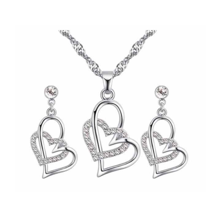 Női ezüst szett dupla kandalló dupla szívek kristályokkal sw fehér kristály