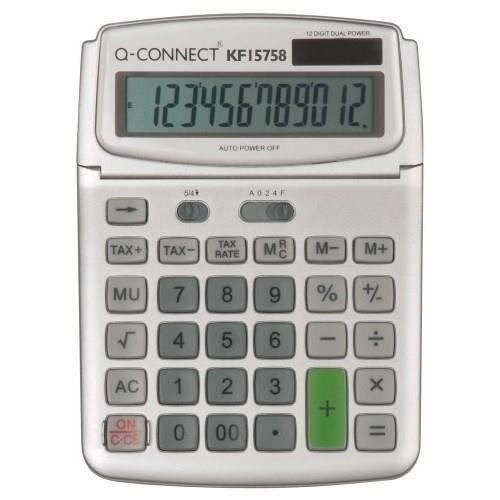 Calculator de birou Q-CONNECT, solar, 12 cifre, afisaz inclinat, format mare, functie Tax, 140 x 180 mm, gri