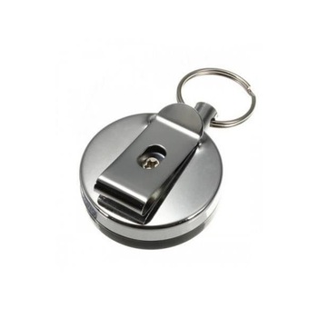 Snur retractabil cu clip pentru buzunar ecuson, metalic cromat, diametru 40 mm, lungime max 75 cm Snur retractabil cu clip pentru buzunar ecuson, metalic cromat, diametru 40 mm, lungime max 75 cm