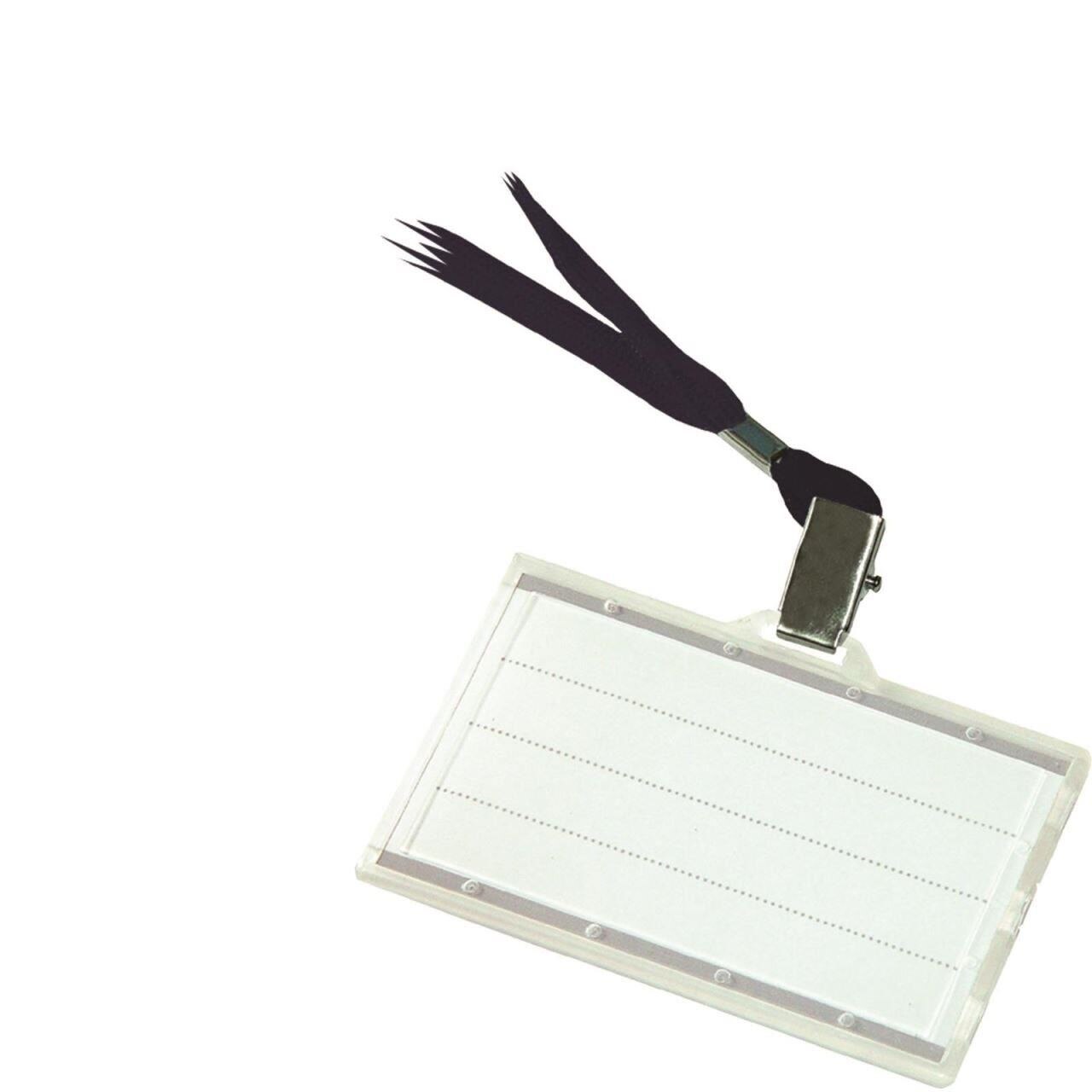 Ecuson orizontal DONAU cu snur textil negru (51 cm) si clips (tip crocodil), plastic rigid, 85 x 50 mm