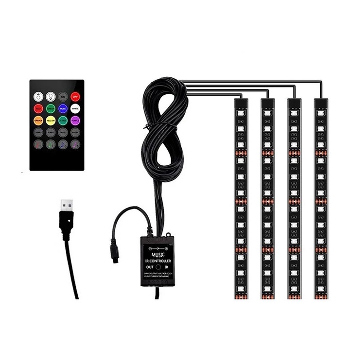 Kit 4 benzi led multicolore 22 cm 1cu telecomanda si music controler, Rgb 12smd, 12 v conectare la bricheta