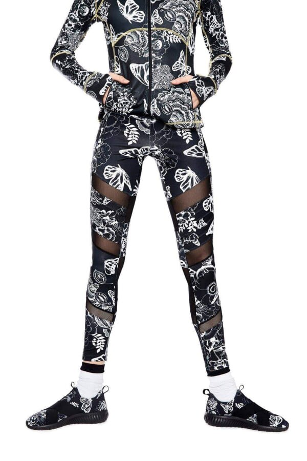 Colanti sport dama, Desigual, cu imprimeu floral, Studio Trasparencies, Alb/Negru