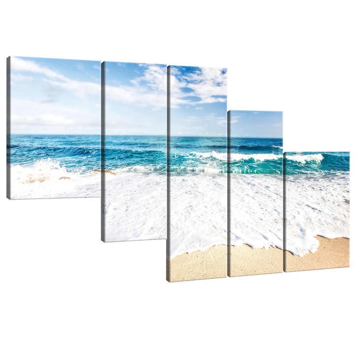 Set Tablouri DEGRETS 78359 Canvas, 100 x 170 cm, 5 piese (1x100x30 cm, 2x80x30 cm, 2x60x40 cm), Plaja de azur