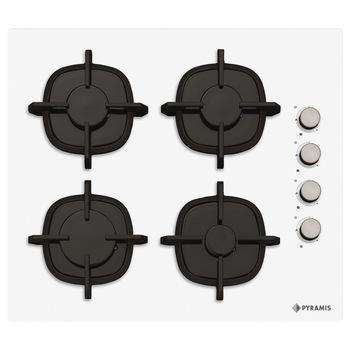 Plita Gaz Pyramis 5343W01, 4 arzatoare, gratare individuale fonta, sticla alba Plita Gaz Pyramis 5343W01, 4 arzatoare, gratare individuale fonta, sticla alba