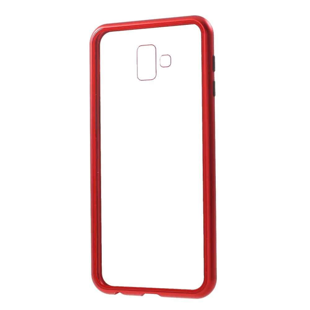 Husa Samsung Galaxy J6 Plus - Cadru metalic cu magneti de prindere, spate din sticla securizata, rosie