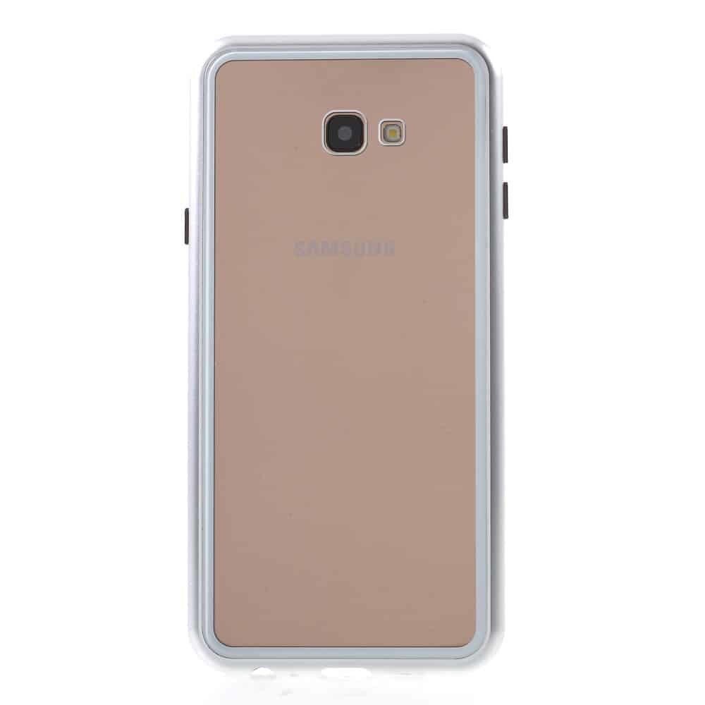 Husa Samsung Galaxy J4 Plus - Cadru metalic cu magneti de prindere, spate din sticla securizata, argintie