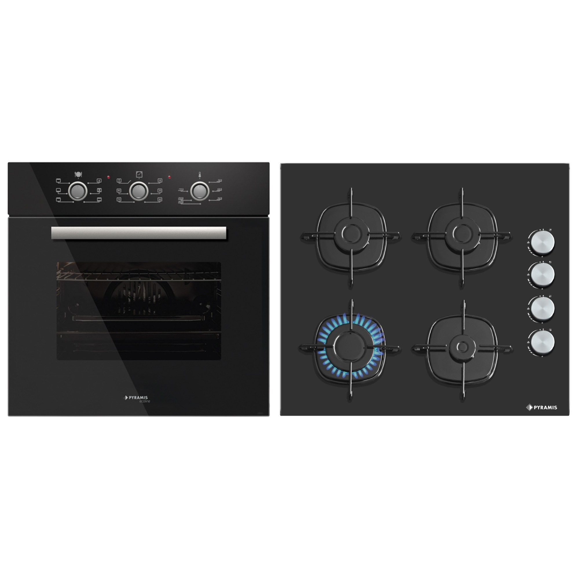Set Pyramis Black Glass 1007S, cuptor electric clasa A, 60 litri, 6 functii si plita gaz, 4 arzatoare, gratare emailate, finisaj sticla neagra