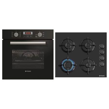 Set Pyramis Black Glass 3021R, cuptor electric clasa A, 66 litri, 8 functii si plita gaz, 4 arzatoare, gratare emailate, finisaj sticla neagra