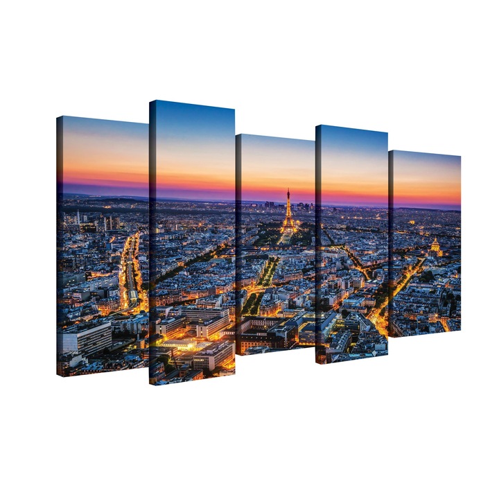 Set Tablouri DEGRETS 78368 Canvas, 100 x 150 cm, 5 piese (2x100x30 cm, 3x80x30 cm), Apus peste Paris
