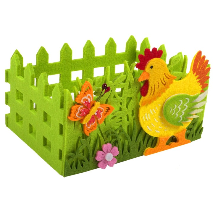 Декоративна великденска кошница Shopiens® от филц, модел зелена ограда с подплата и пеперуда, 17 x 13 cm