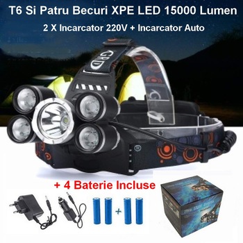 Lanterna Frontala T6 Si Patru Becuri XPE LED 15000 Lumen + 2 X Incarcator 220V + Incarcator Auto + 4 Baterie Incluse Lanterna Frontala T6 Si Patru Becuri XPE LED 15000 Lumen + 2 X Incarcator 220V + Incarcator Auto + 4 Baterie Incluse