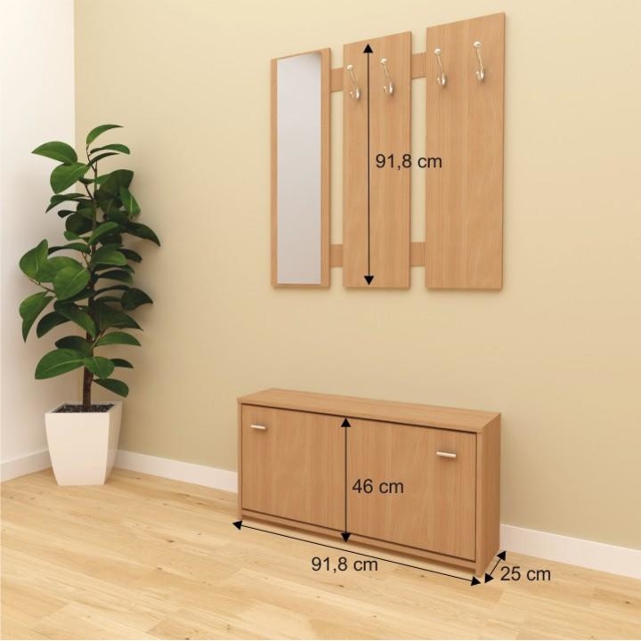 Bortis Impex előszobai bútor, fogassal, cipőtartóval és tükörrel, 92 cm hosszú, bükkfa