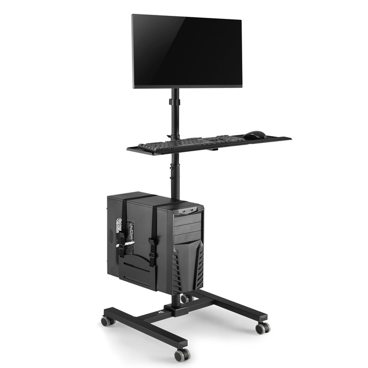Carucior stand profesional Maclean, statie mobila de lucru pentru calculator pe roti, compatibil cu 17"-32", capacitate maxima 20 kg, MC-793