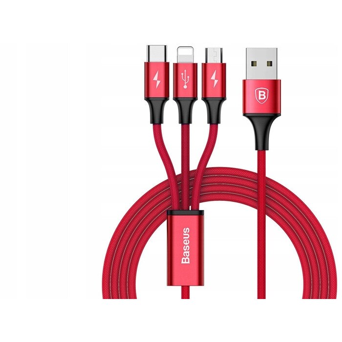 Cablu 3in1 Baseus, Micro USB, Tip-C , Iphone Lightning, 120 cm, Rosu