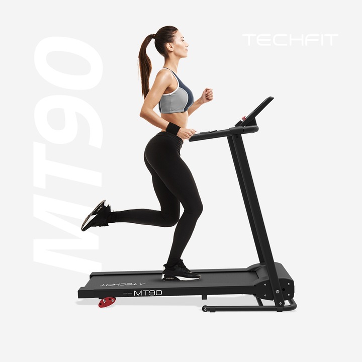 Banda de alergat electrica TECHFIT® MT90N, motor 2.5 CP, suprafata alergare 110x40cm, senzori puls, viteza 0.8-12km/h, inclinatie 3 trepte, Bluetooth APP: Kinomap, Fitshow, Bluetooth MP3,12 Programe, greutate suportata 110kg, pliabila