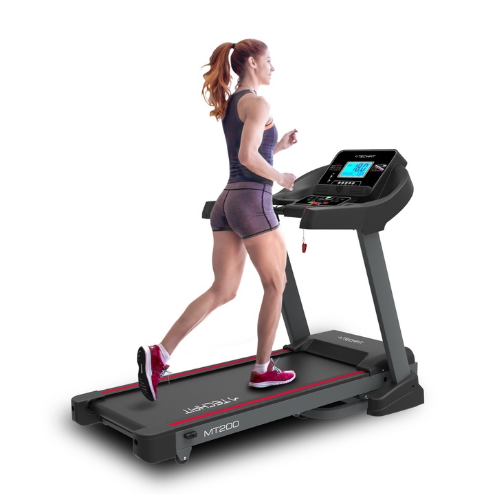 Banda de alergare TECHFIT® MT200, Motor 5 cai putere, Viteza 18 km/h, Utilizator 150 Kg, Bluetooth/Kinomap, ZWIFT si FitSHOW, Inclinatie 15%, Suprafata de alergare 130 x 48 cm, MP3, Ventilator, Sistem amortizare, Filtru EMC