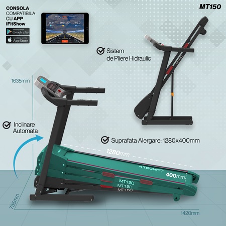 Banda de alergare TECHFIT MT150, Putere Maxima 4 CP, Greutate utilizator: 120 Kg, Suprafata de alergare 120 x 42cm, FIltru EMC