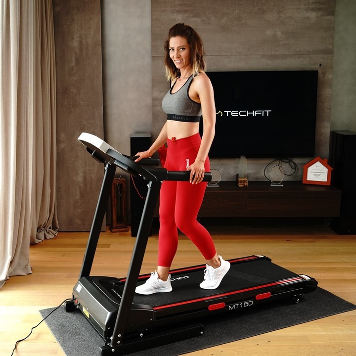 Banda de alergat electrica TechFit® MT150, motor 4 cai putere, inclinare automata 15%, Bluetooth/Kinomap, FitShow, Zwift, suport tableta, sistem auto-lubrifiere, pliabila, sistem amortizare, programe presetate, utilizator 120 kg