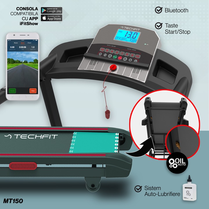 Banda de alergat electrica TechFit® MT150, motor 4 cai putere, inclinare automata 15%, Bluetooth/Kinomap, FitShow, Zwift, suport tableta, sistem auto-lubrifiere, pliabila, sistem amortizare, programe presetate, utilizator 120 kg